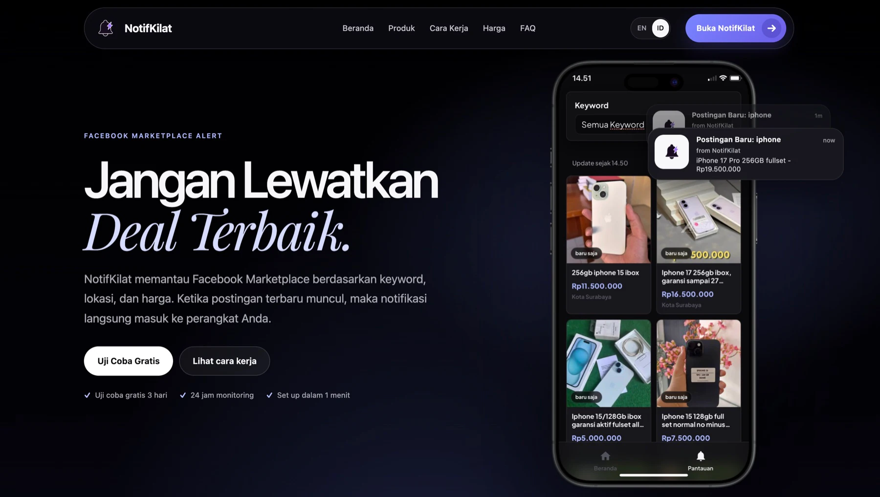 Tampilan hero website NotifKilat